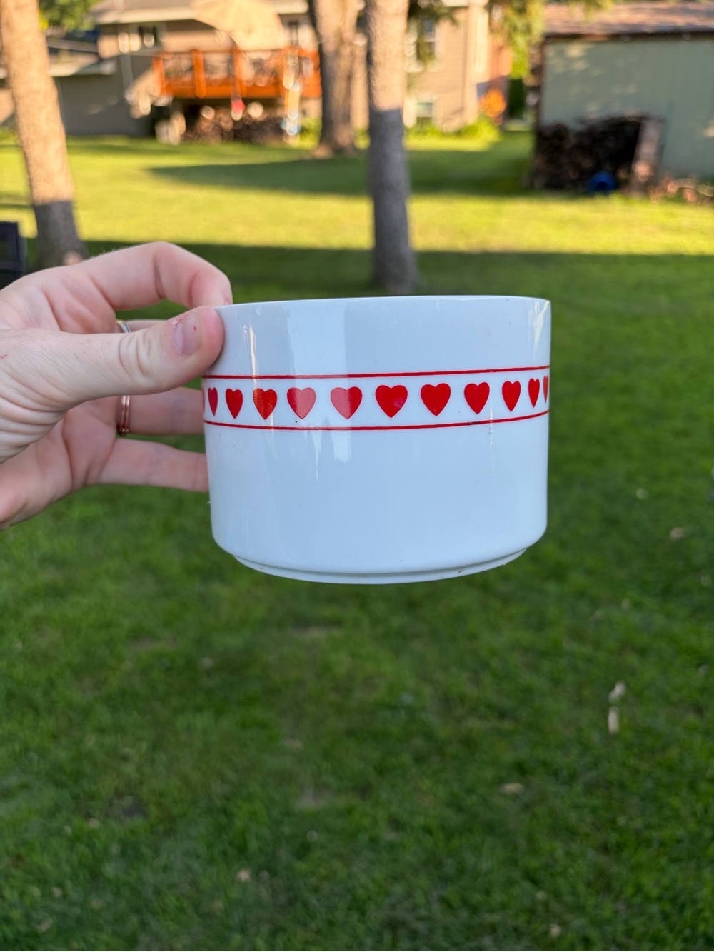 White Ceramic planter with Red Heart Border